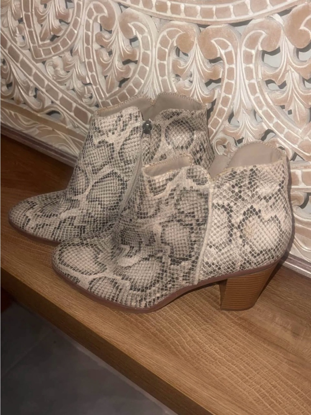 Maurices Snake-Print Ankle Boots in Beige and Tan